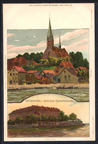 Künstler-AK Sonderburg, Schloss Augustenburg, Teilansicht mit Kirche