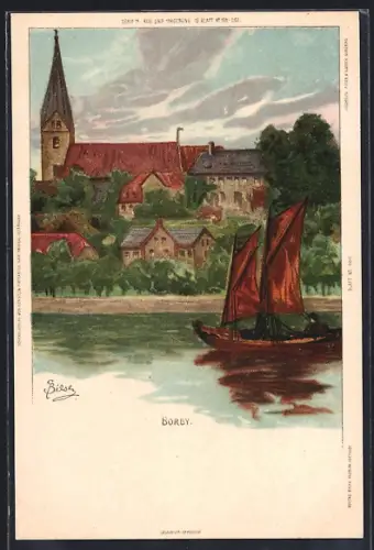 Künstler-AK Carl Biese: Borby, Ortspartie vom Wasser aus gesehen