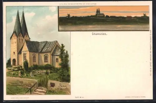 Künstler-Lithographie Carl Biese: Broacker, Panorama und Kirche