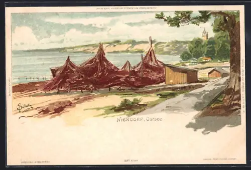 Künstler-AK Carl Biese: Niendorf / Ostseebad, Fischernetze am Strand