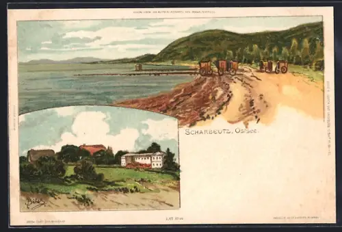 Künstler-AK Carl Biese: Scharbeutz, Strandpartie mit Strandkörben, Ortspartie