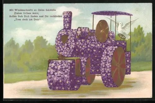 AK Brieftaube auf einer Lokomotive aus Veilchen, Blumenbild