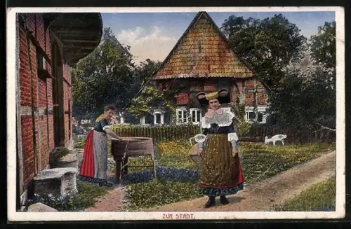 AK Mägde in Volkstrachten aus Bückeburg und Schaumburg-Lippe auf dem Weg zur Stadt