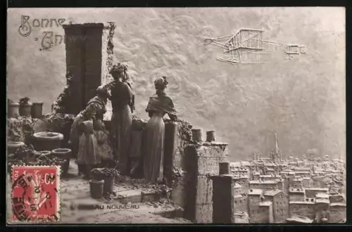 Künstler-AK Domenico Mastroianni: Frauen und Kinder bestaunen ein Flugzeug, Neujahrsgruss