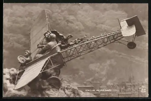 Künstler-AK Domenico Mastroianni: Idylle Aérienne, Pilot mit junger Frau im Flugzeug, Engel steuert dieses