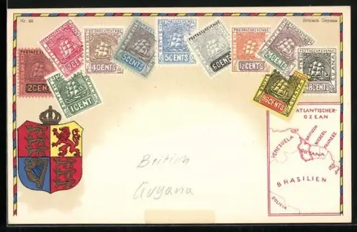 Lithographie Briefmarken British Guyana & Wappen