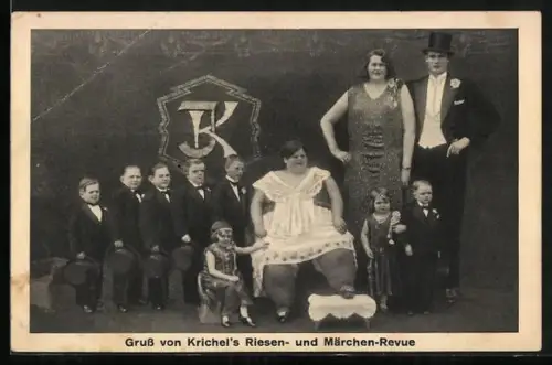 AK Gruss von Krichel`s Riesen- und Märchen-Revue, Liliputaner und Übergewichtige