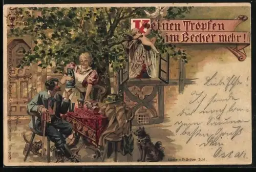 AK Keinen Tropfen im Becher mehr, Mann am Tisch, Frau mit Weinkrug, Hund, Katze