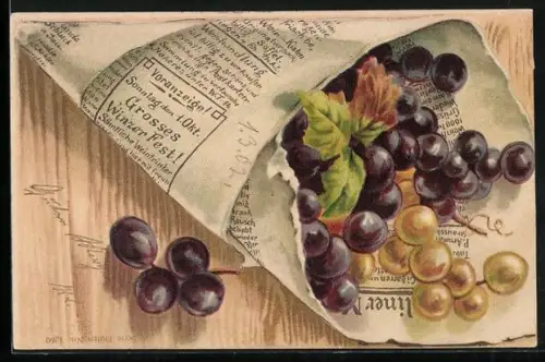 Präge-AK Weintrauben in einer Papiertüte