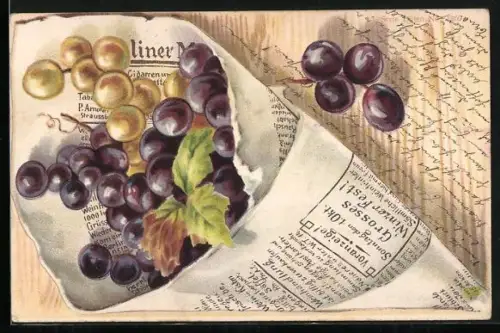 AK Trauben in Zeitungspapier eingewickelt, Obst