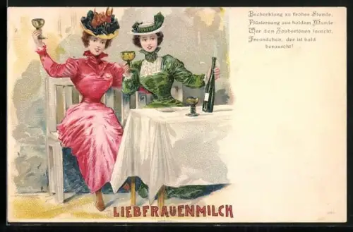 AK Zwei Frauen trinken am Tisch Liebfrauenmilch, Reklame