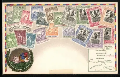 AK Barbados, Briefmarken, Wappen mit Neptun