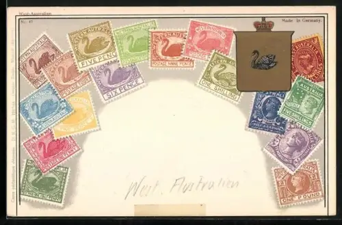 AK Briefmarken, goldenes Wappen mit Schwan
