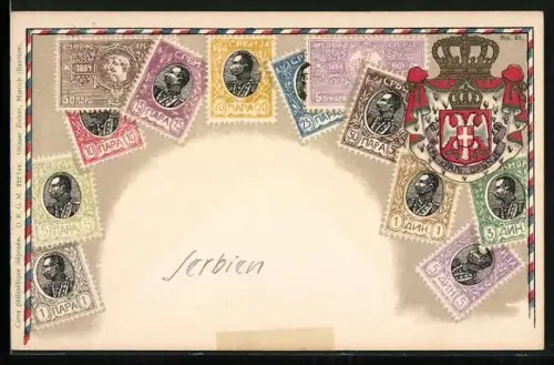 Lithographie bunte Briefmarken mit Profil, Wappen