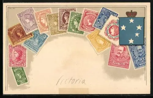 AK Briefmarken und Wappen des Vereinten Königsreiches