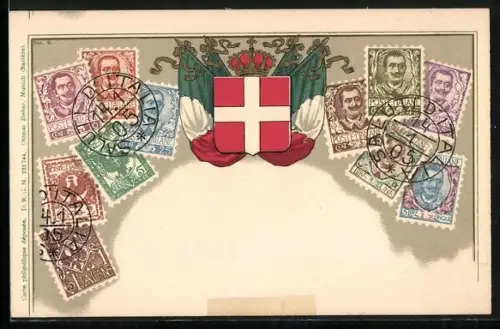AK Briefmarken aus Italien mit Wappen, Flaggen und Krone