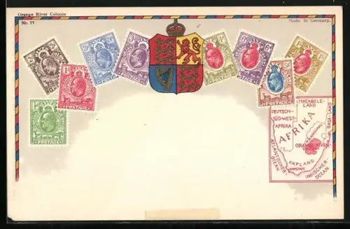 AK Orange River Colonie, Briefmarken mit Wappen und Landkarte