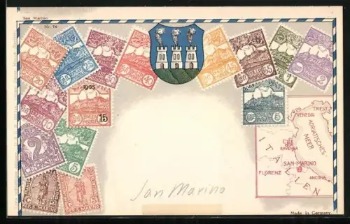 AK San Marino, Briefmarken, Landkarte