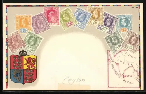 AK Ceylon, Briefmarken und Wappen, Landkarte
