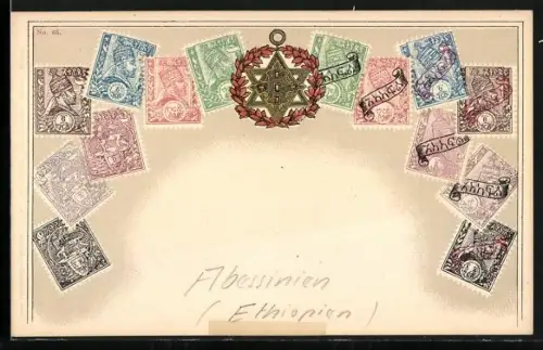 AK Verschiedene Briefmarken, Hexagramm-Medallion auf einem Kranz