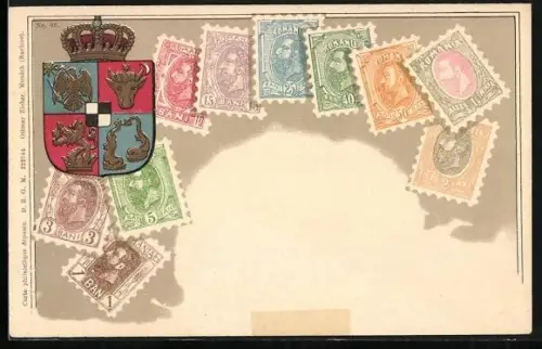 AK Briefmarken aus Romania, Wappen mit Krone