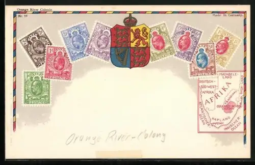AK Orange River Colonie, Briefmarken mit Wappen und Landkarte