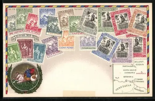 AK Barbados, Briefmarken, Wappen mit Neptun