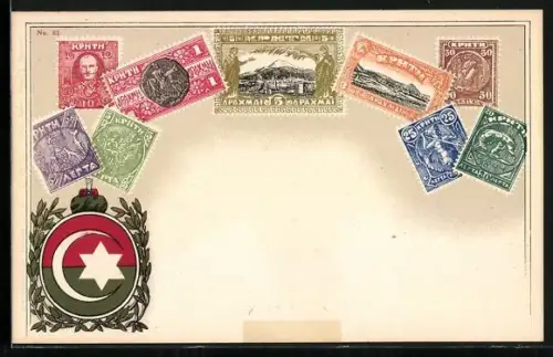 AK Kreta, Briefmarken mit darauf abgebildeten Persönlichkeiten, Fabelwesen und Landschaften, Wappen