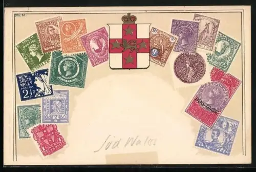 AK Briefmarken New South Wales und Wappen