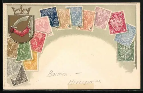 AK Briefmarken und Wappen Bosniens, Krone, Ritter mit Schwert