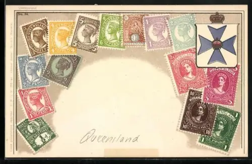 AK Queensland, Verschiedene australische Briefmarken, Wappen mit Krone