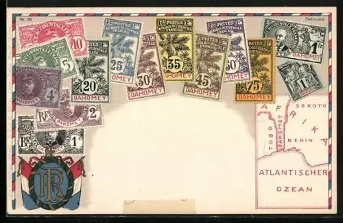 Künstler-AK Dahomey, Briefmarken, Wappen und Landkarte mit Sokoto, Togo und Benin