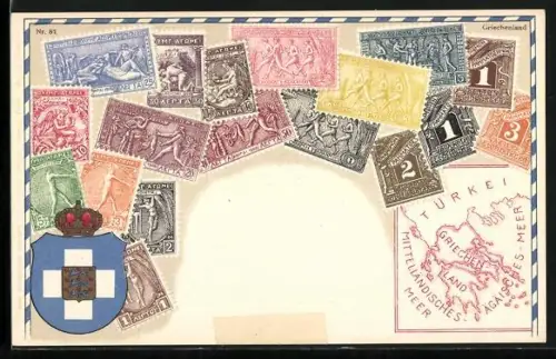 AK Griechenland, Briefmarken und Wappen mit Krone, Landkarte