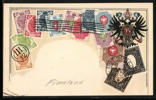 Lithographie Russland, Briefmarken und Wappen