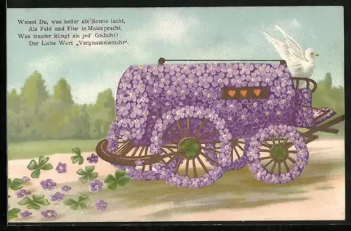 Präge-AK Wagen aus Vergissmeinnicht mit weisser Taube