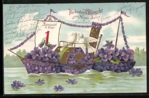 Präge-AK Boot aus Veilchen mit zwei weissen Tauben, Neujahrsgruss