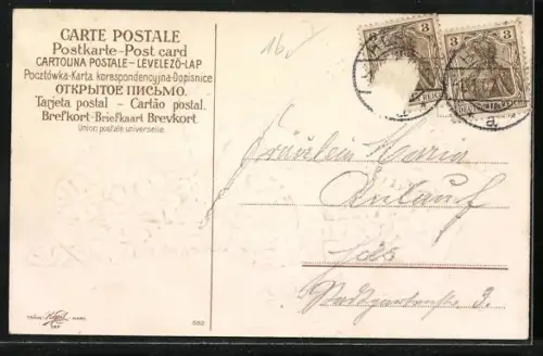 Präge-AK Boot aus Veilchen mit zwei weissen Tauben, Neujahrsgruss