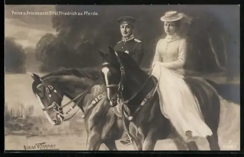 AK Prinz und Prinzessin Eitel Friedrich zu Pferde