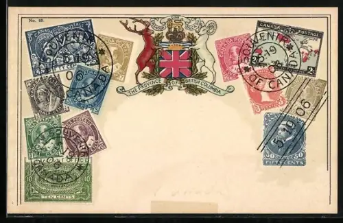 AK British Columbia, Kanadische Briefmarken und Wappen