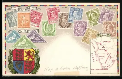 AK Briefmarken und Wappen des Kaps der Guten Hoffnung, Karte vom Süden Afrikas