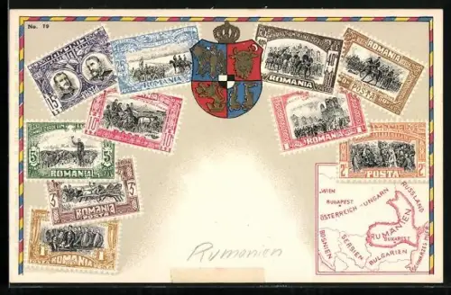 AK Rumänische Briefmarken, Wappen, Europakarte