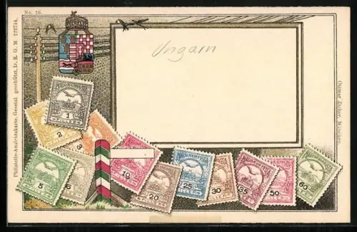 AK ungarische Briefmarken, Wappen oben, Schwalben auf einem Draht sitzend