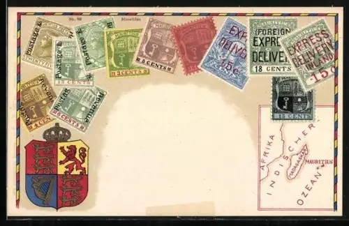 Künstler-AK Mauritius, Landkarte mit Madagaskar, Afrika und Indischem Ozean, Briefmarken und Wappen