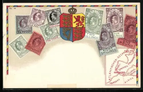AK Briefmarken aus Gibraltar, Landkarte unten