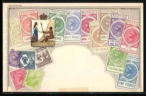 AK Briefmarken aus Südaustralien und Aborigine vor behelmter Frau mit Schild