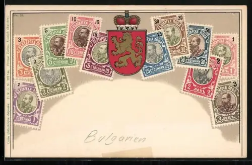 AK Briefmarken und Wappen mit goldenem Löwen