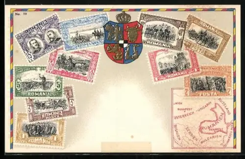 AK Rumänische Briefmarken, Wappen, Europakarte
