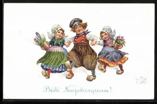 Künstler-AK Arthur Thiele: Glückliches Neujahr, Kinder in friesischer Tracht