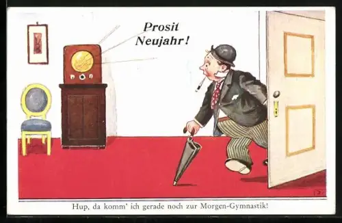 AK Betrunkener an der Tür vor dem Radio, Neujahrsgruss