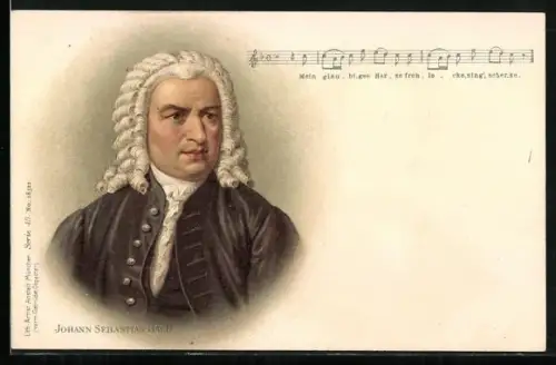 Lithographie Johann Sebastian Bach, Portrait des Komponisten und Noten